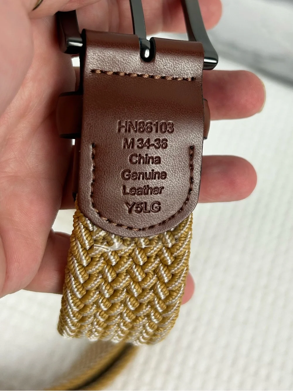 Penguin Stretch Woven Braided Belt Tan Brown Leather Trim Gunmetal Buckle M 34-3